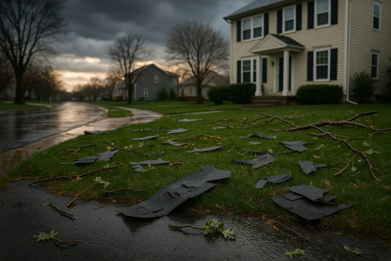 Storm-damaged suburban roof after the July 2023 tornado outbreak