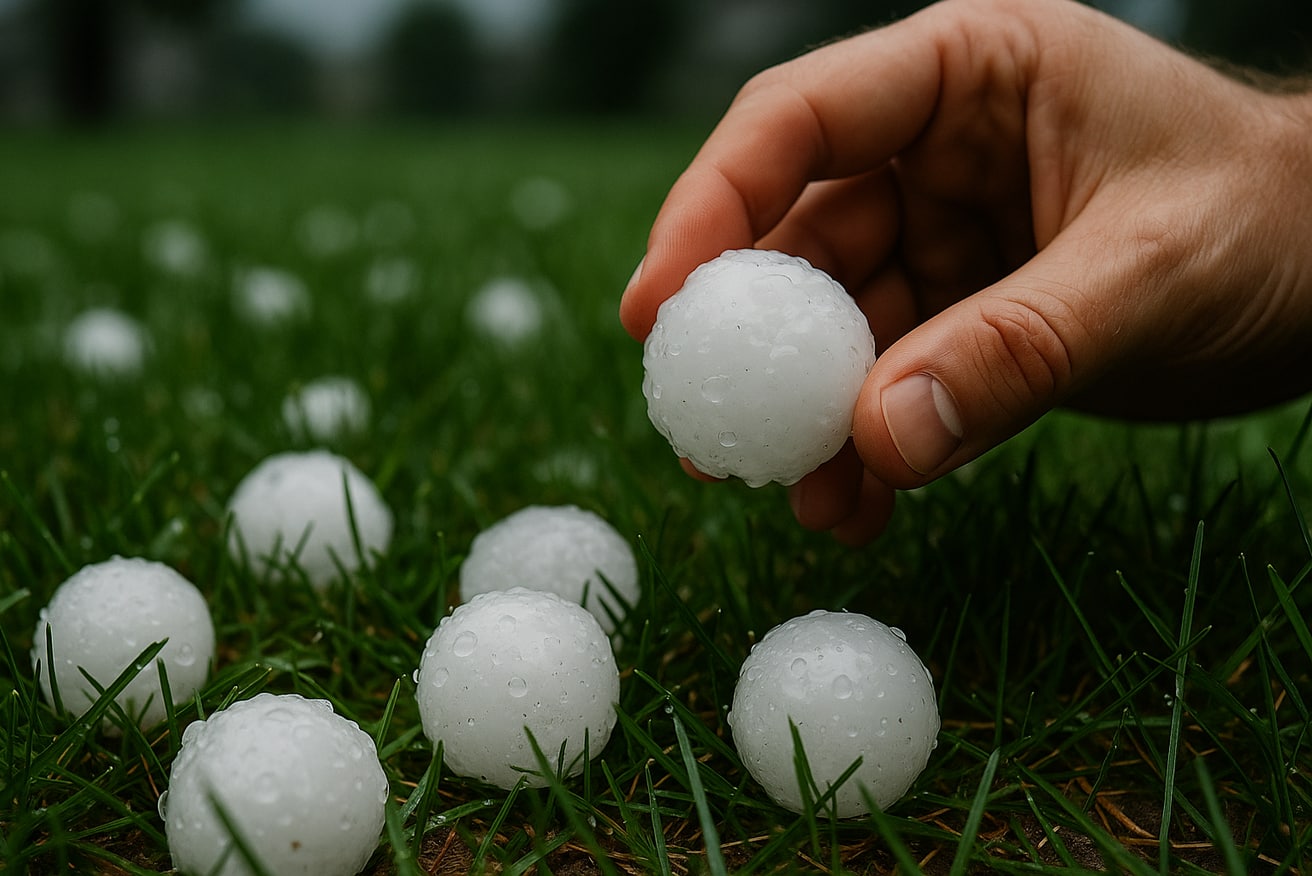 Large hailstones on the ground after a spring storm in Lake County, Illinois