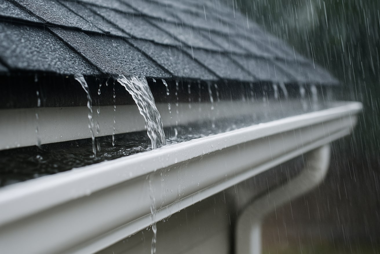 Seamless aluminum gutter installation on a suburban home