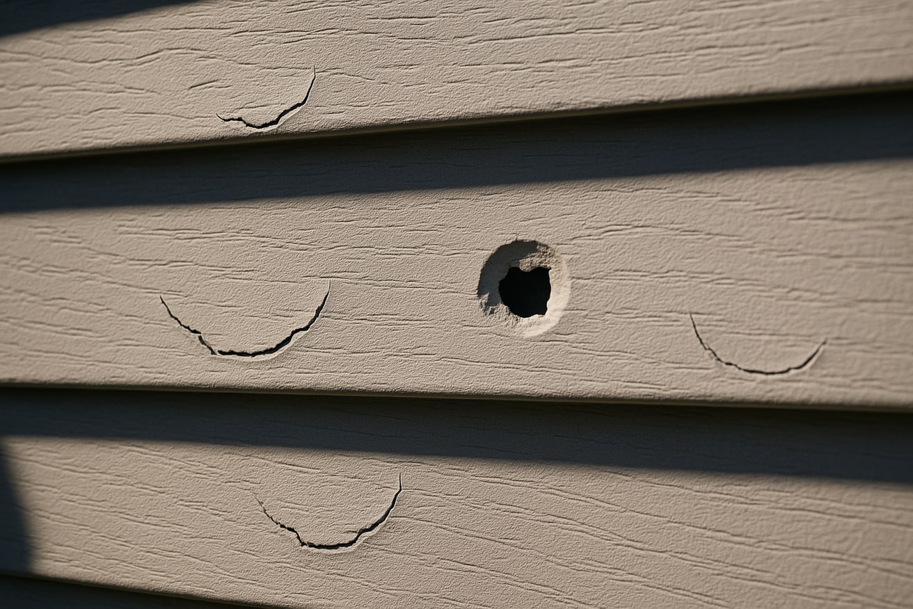 Hail damage marks and cracks on vinyl siding after a storm